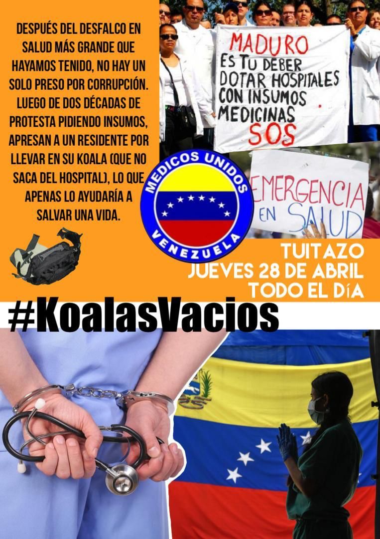 MedicosUnidosVe's tweet photo. Convocamos hoy Jueves 28 Abril.

A la protesta silenciosa del personal de salud portando sus Koalas vacíos y presentarse en las puertas y direcciones de hospitales en rechazo a la persecución y criminalización de la actividad de salud.
#LiberatadAlDrNayibMorales
#KoalasVacios https://t.co/6JZ0lCwKOa
