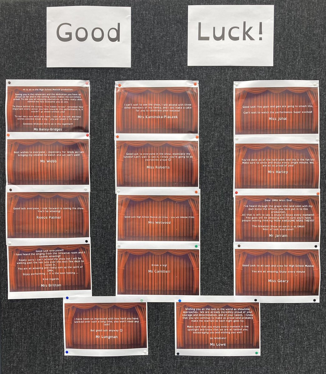 Thank you to the wonderful staff at <a href="/OrchardMead/">Orchard Mead Academy</a> who passed on their good luck wishes to the cast and crew of High School Musical Jnr. The students loved reading your kind words in the dressing room before opening night! #GoWildcats #highschoolmusical