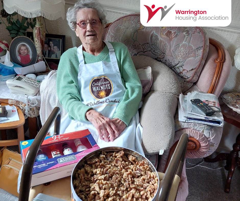 WHAorguk's tweet photo. A big thank you to @Walnuts_UK which sent our tenant 103-year-old Stella a whole bunch of goodies after she put her longevity down to her love of gin and walnuts. 

A brilliant late birthday present for someone who is nuts about nuts! 🎉

#Warrington #Walnuts https://t.co/ovoPok1cub