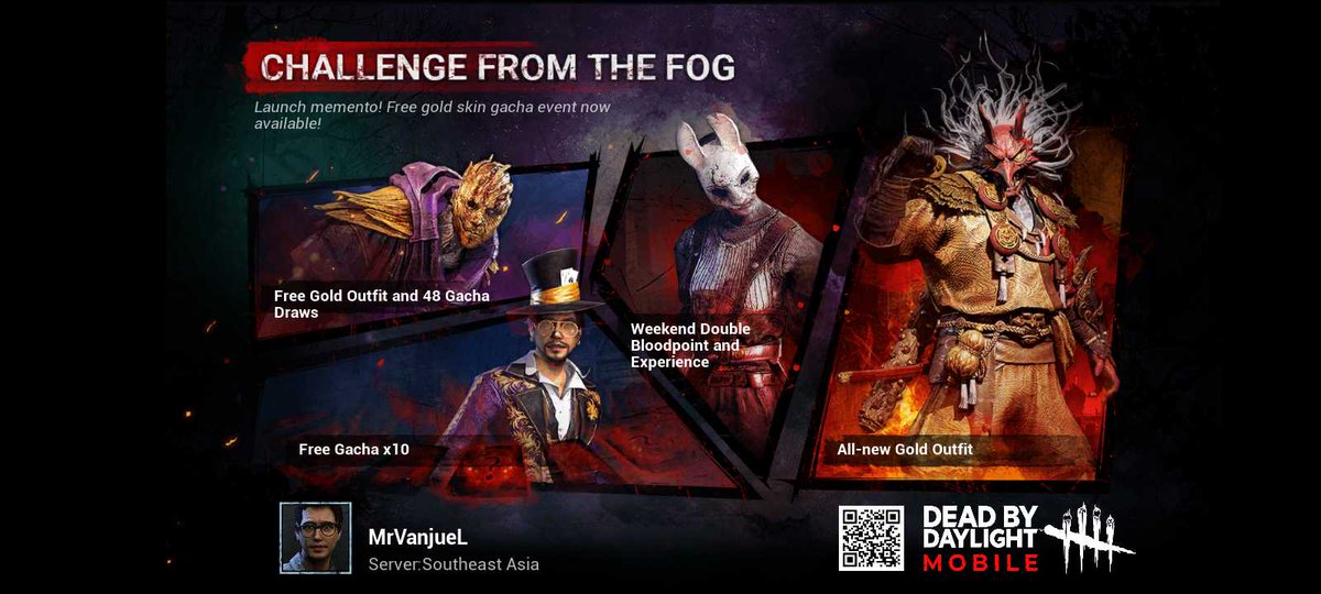 GarudaNakal02's tweet photo. The hit title Dead by Daylight Mobile has finally launched! Free gold skin gacha now available! Download NOW! https://t.co/d1cbmGXF5L