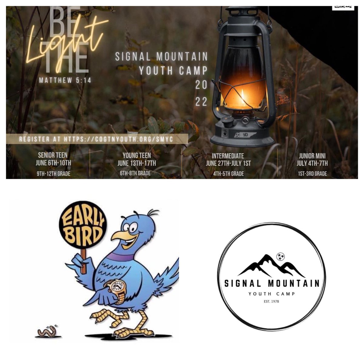 The Early Bird Registration Price for Signal Mountain Youth Camp ends today, April 28th, 2022.  
A $35 non-refundable deposit is all it takes to reserve your spot!  Get registered at cogtnyouth.org/smyc