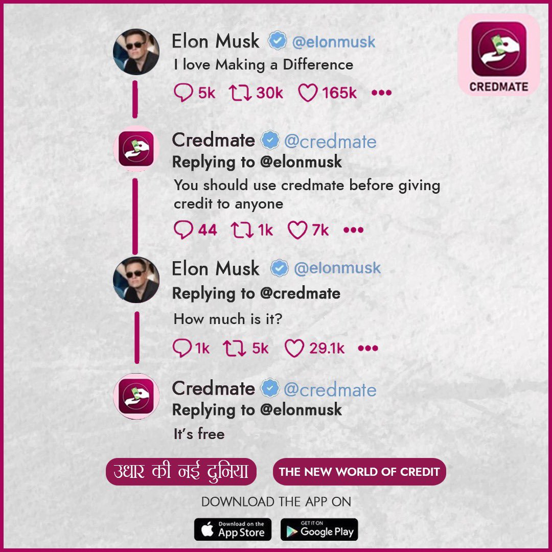 Credmate's tweet photo. You don’t need 44 billion dollars to create a change! 💴 

Download our app to get an authentic, convenient and easy solution for all your credit problems! 

#credmate #credmateapp #credit #creditrating #payment #risk #msme #bank #p2p #b2b #newworldofcredit #penumbramedia99 https://t.co/Aok9OHcijT