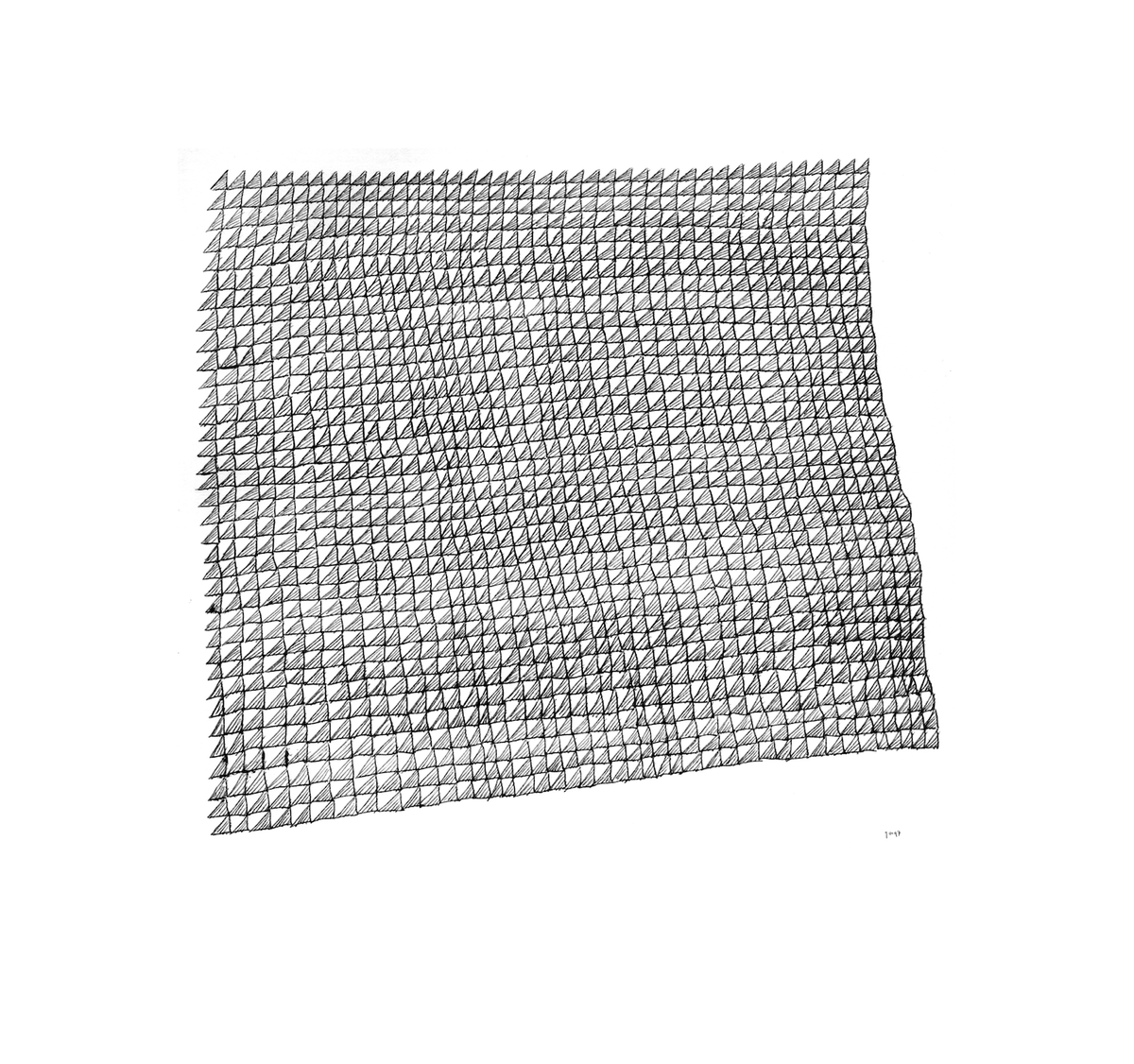 jonatha67895866's tweet image. Biomechanical machine-drawing of a series of triangles that it tries to draw as straight as possible (from the top left) and fails. #generativeart #generativedrawing #genartclub