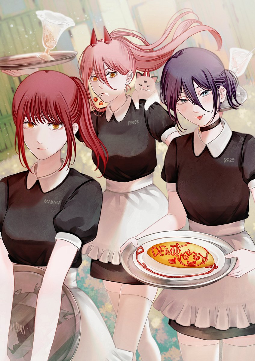 makima (chainsaw man) ,power (chainsaw man) ,reze (chainsaw man) 3girls multiple girls horns cross-shaped pupils food yellow eyes apron  illustration images