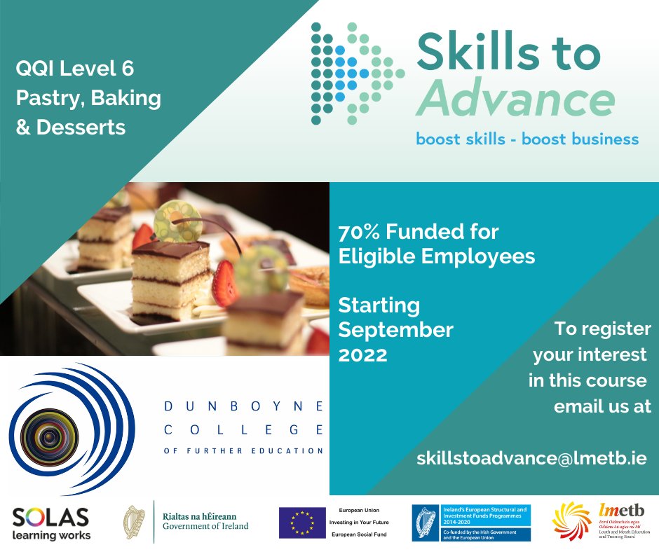 lmetbie's tweet photo. COURSE: Pastry, Baking & Desserts
Date: September 2022
For more info/ to apply email skillstoadvance@lmetb.ie
@DunboyneCollege #pastrycourse #bakingcourse #dessertscourse #pastry #baking #desserts #upskill #reskill #SkillsToAdvance #Education #Training #LMETB https://t.co/pssJAFGrnt