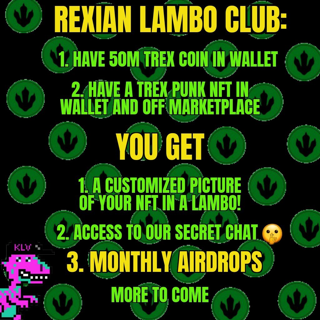 TRex_Punks's tweet photo. #Rexian Lambo Club
1. HODL 50M Trex coin in wallet
2. HODL a Trex Punk NFT in wallet and off marketplace
Perks:
1️⃣ A customized picture of your #TrexPunk in a Lambo
2️⃣ Access to a private chat 🤫
3️⃣ Monthly Airdrops
⚠️ (With More to come)
#Tronics #TREX #JustMoney #TRX #Tron https://t.co/Xh6L3eGUHU