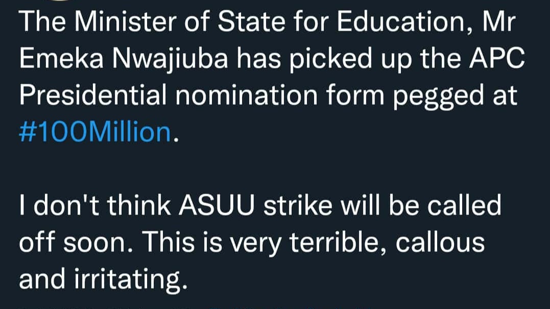 David84617563's tweet photo. How can we allow this in our country?... A serving Education minister coughing out #100 million for a phantom presidential election form, yet Asun is on strike https://t.co/3MiZPN0jtn
