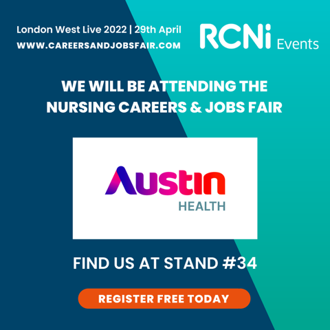 Austin_Health's tweet photo. Are you a UK #nurse looking for the next step in your #career? Speak with senior #AustinHealth nurses for the *real* lowdown about moving to #Melbourne to work with us and our great team! @RCNi Nursing Careers & Jobs Fair, London West Live, 29 April #TakeTheStep #MelbourneCalling https://t.co/ZBDaRGESdp