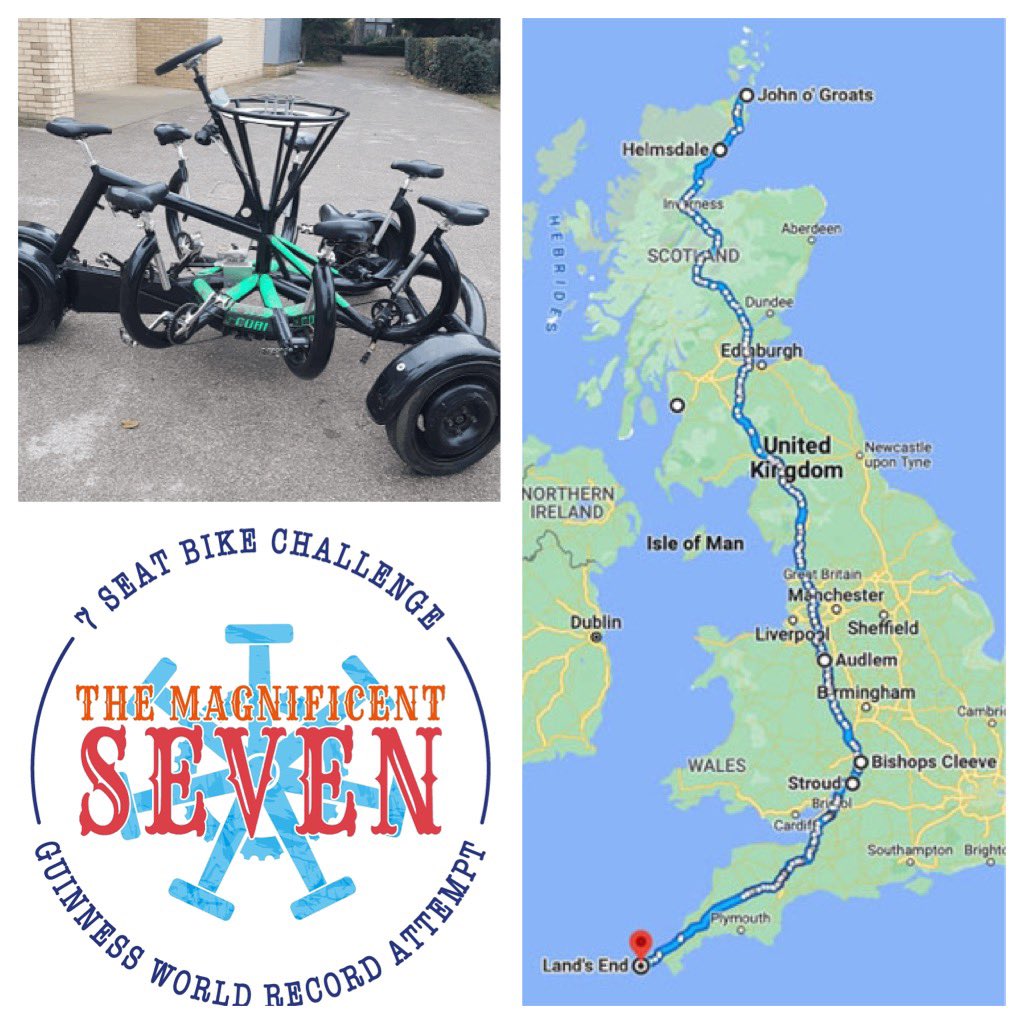 CyclistsvCancer's tweet photo. A Guinness World Record Attempt for CFC! 🥳 The Magnificent Seven Seat Bike Challenge is aiming to pedal the 1,000 miles from John o’ Groats to Lands End on a 7 seat conference bike in just 7 days! Challenge begins 22nd May-find out more and get involved https://t.co/te7uQCZwou https://t.co/rfLSGOD22f