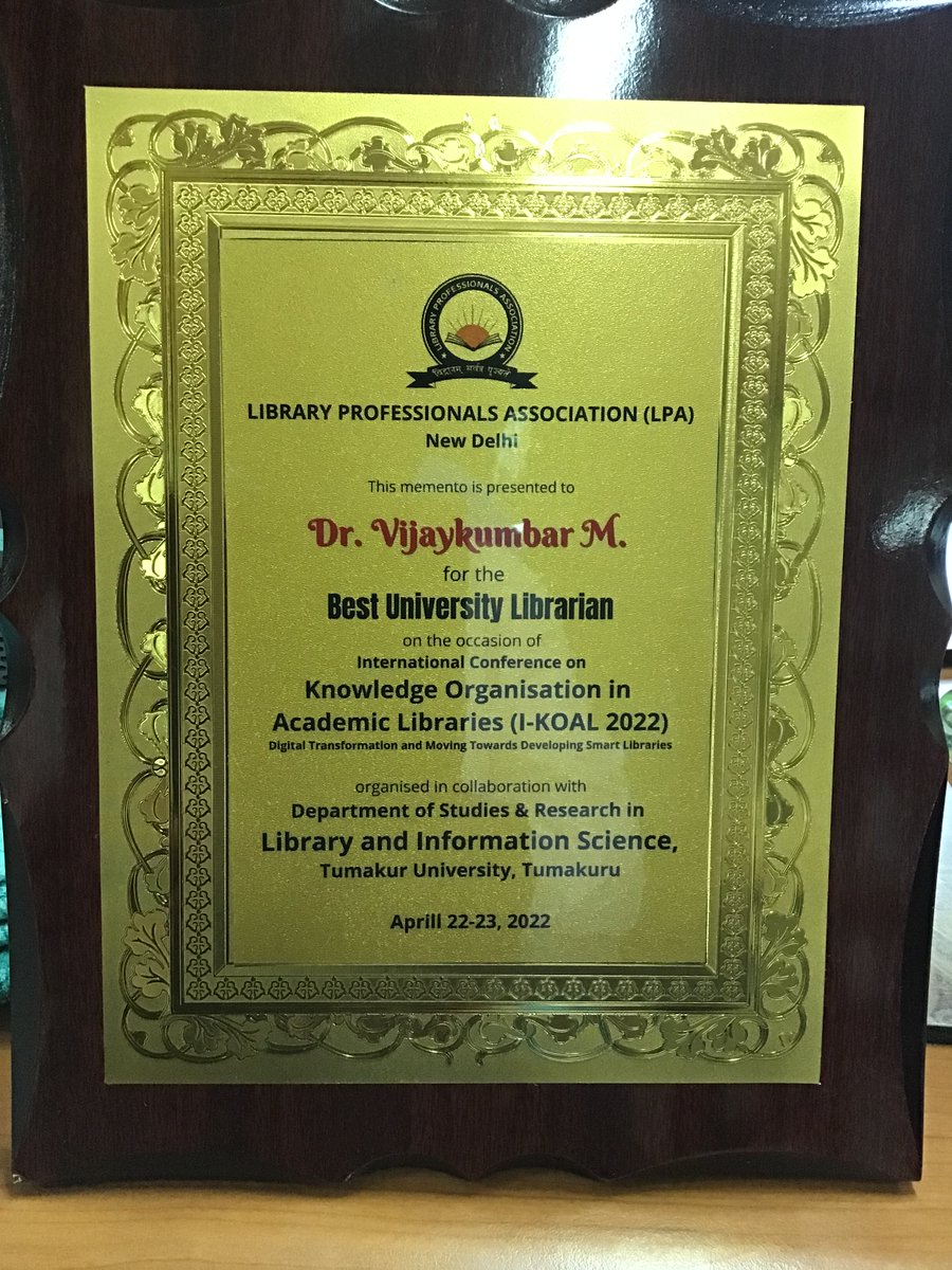 hinudi's tweet photo. Library Professional Association (LPA), New Delhi is pleased to confer "The Best University Librarian" Award 2022 to me during 22-23 April 2022 IKOAL International Conference held at Tumakuru University, India.  Thanks to IKOAL Team to recognising me in this regard. https://t.co/iH8JmLqjc2
