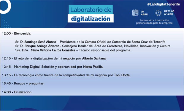 planb_group's tweet photo. 🟢 Comienza la jornada de presentación #LabDigitalTenerife, una iniciativa de @camaratenerife para impulsar la #digitalización de los negocios.
En el evento estará nuestro director, @albertojsantana, hablando sobre el reto de los procesos de #TransformaciónDigital.
#BePlanB https://t.co/vD7syaN2kB