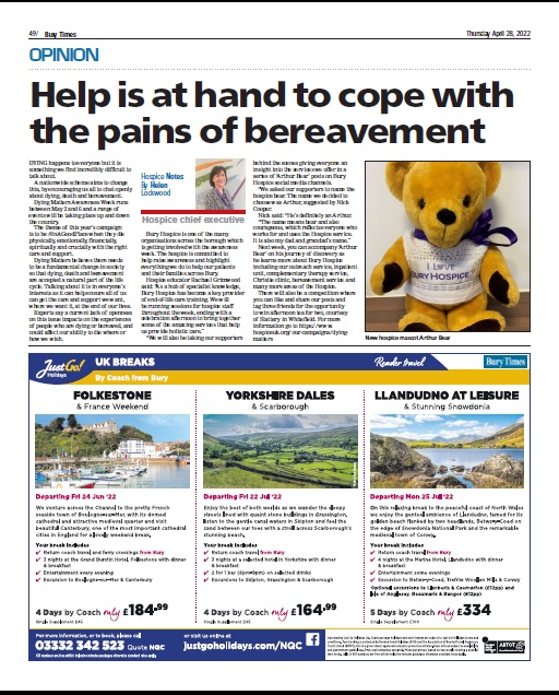 BuryHospice's tweet photo. Read Helen Lockwood's column in this week's edition of the @BuryTimes as she talks about Bury Hospice getting involved with Dying Matters Awareness Week.
https://t.co/YEcIPYkOux
#BuryTimes #column #DMAW22 #ArthurBear #competition #afternoontea #slattery #buyapaper https://t.co/Bx0eQfOVUl