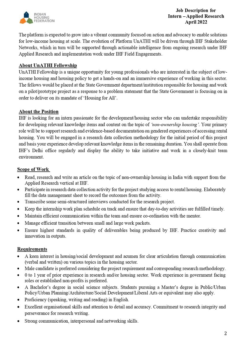 HousingFed_IN's tweet photo. We are hiring an #intern at IHF!
If you are interested in urban affordable #housing, committed to #socialimpact and have a penchant for #research, visit: https://t.co/mGSKNd11dG
Apply at: https://t.co/qpnxbVC2Qf
Apply by: Monday, 02 May, 2022. 
See job description enclosed below! https://t.co/JIGbxWKxuY