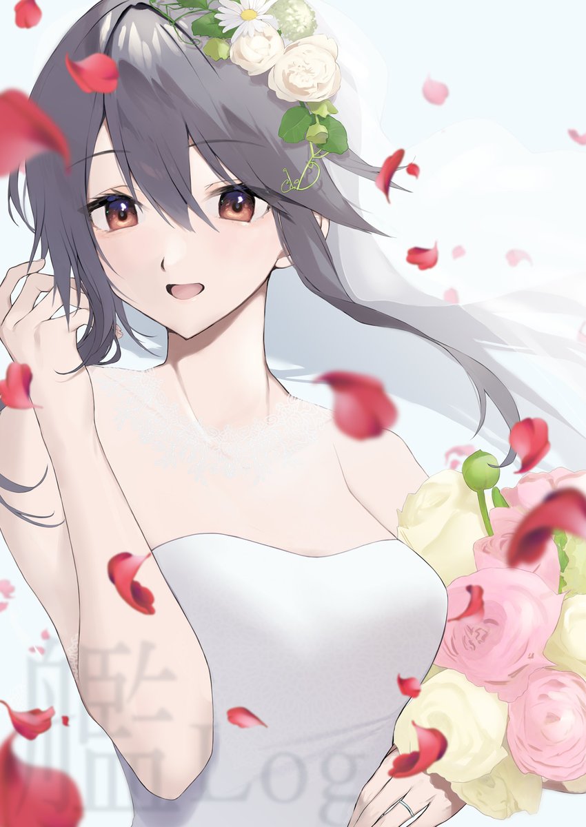 haruna (kancolle) 1girl solo flower wedding ring wedding dress dress ring  illustration images