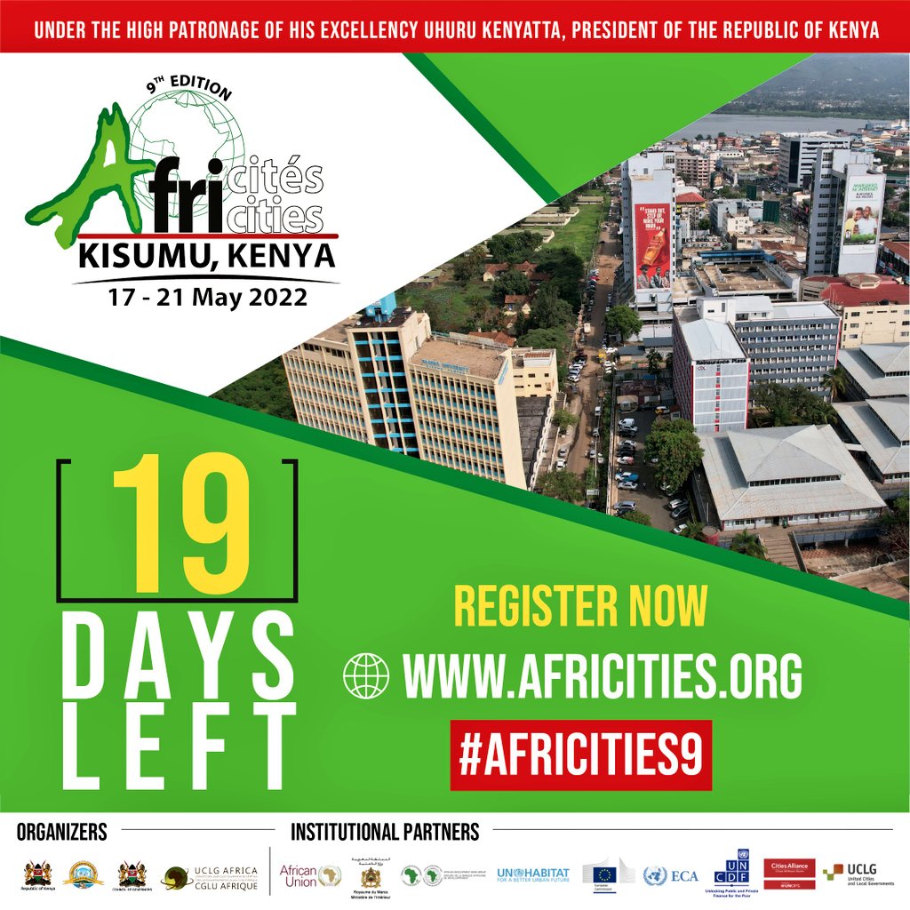 Have you registered for the 9th edition of the #africitiessummit ?
📆 19 days to go!
#africities9 #africités9 #AF9
<a href="/UCLGAfrica/">CGLU Afrique</a> <a href="/uclg_org/">United Cities</a> <a href="/UNHABITAT/">UN-Habitat</a> <a href="/CitiesAlliance/">Cities Alliance</a> <a href="/EastGovernments/">East African County & Local Gov'ts Association.</a> <a href="/CoMOSSAfrica/">Covenant of Mayors in Sub-Saharan Africa</a> <a href="/ABDELMALICKf/">Fatimetou A.Malick</a> <a href="/LoweMayor/">Mayor of Banjul Rohey Malick Lowe</a> <a href="/Platforma4Dev/">PLATFORMA</a> <a href="/ENERGIES2050/">ENERGIES2050</a> 
#TembeaKisumu
#KaribuDala