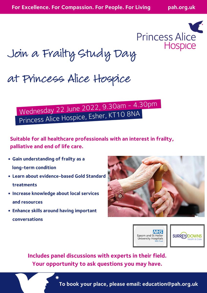 Join us for our Frailty study day held at @PAHospice on 22nd June '22. More information on pah.org.uk/book #frailty #PalliativeCare
