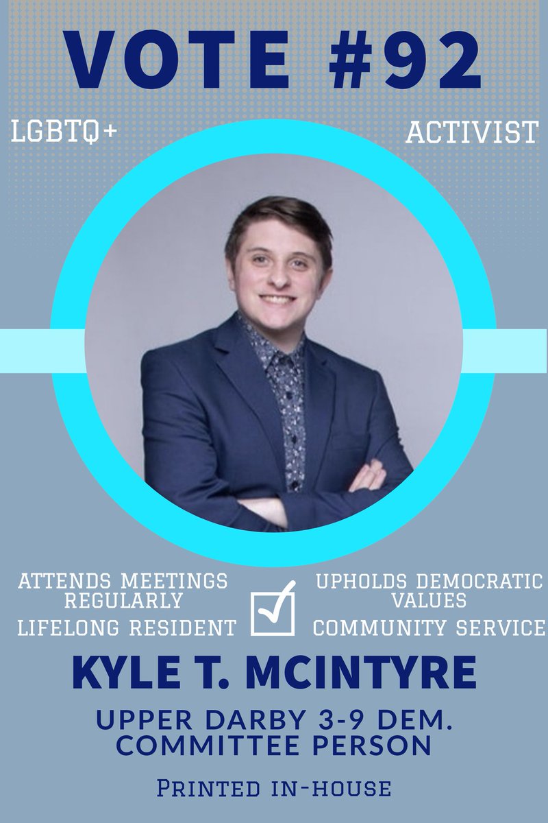 kyleTmcintyre53's tweet photo. Vote for Kyle T. McIntyre for Upper Darby Committee Person for the 3-9. Proven leadership and community dedicated. Young LGBTQ+ voices are needed more now more than ever before in our party and together we can make that happen! #VOTE92 #upperdarby #Delco #DrexelHill #Democrats https://t.co/dwfDUTOC3M