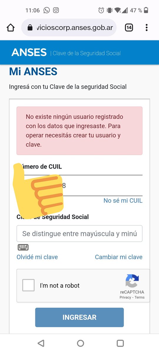 LulaVange's tweet photo. @ansesgob Ayer entre perfecto y complete el paso 1, hoy 2 am entre también. Ahora vengo a poner mí usuario y clave y resulta que NO EXISTE 👍 que se tiene que hacer? https://t.co/mjfdPsVZyP
