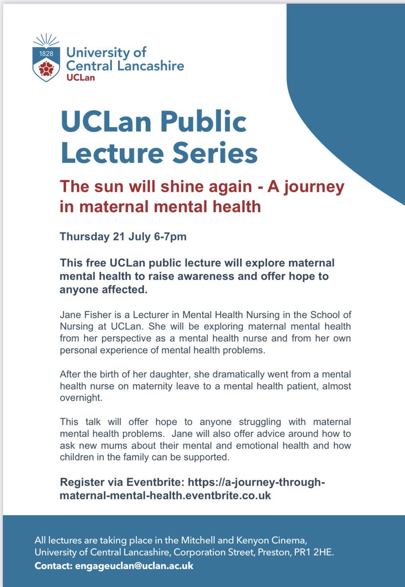 Jane Fisher, MH Nurse Lecturer & Patient (@jane_fisher2) on Twitter photo Iβll be hosting a public lecture on perinatal mental health to raise awareness, share my story and hopefully generate some public discussion around PMH. Iβd love to see some friendly faces! And please share with your PMH networks <a href="/WeAreLSCFT/">Lancashire & South Cumbria NHS Foundation Trust</a> <a href="/ActionOnPP/">Action on Postpartum Psychosis</a> <a href="/UCLanMH/">UCLan Mental Health</a> <a href="/EllamsJocelyn/">Jocelyn Ellams</a> Iβll be hosting a public lecture on perinatal mental health to raise awareness, share my story and hopefully generate some public discussion around PMH. Iβd love to see some friendly faces! And please share with your PMH networks <a href="/WeAreLSCFT/">Lancashire & South Cumbria NHS Foundation Trust</a> <a href="/ActionOnPP/">Action on Postpartum Psychosis</a> <a href="/UCLanMH/">UCLan Mental Health</a> <a href="/EllamsJocelyn/">Jocelyn Ellams</a>