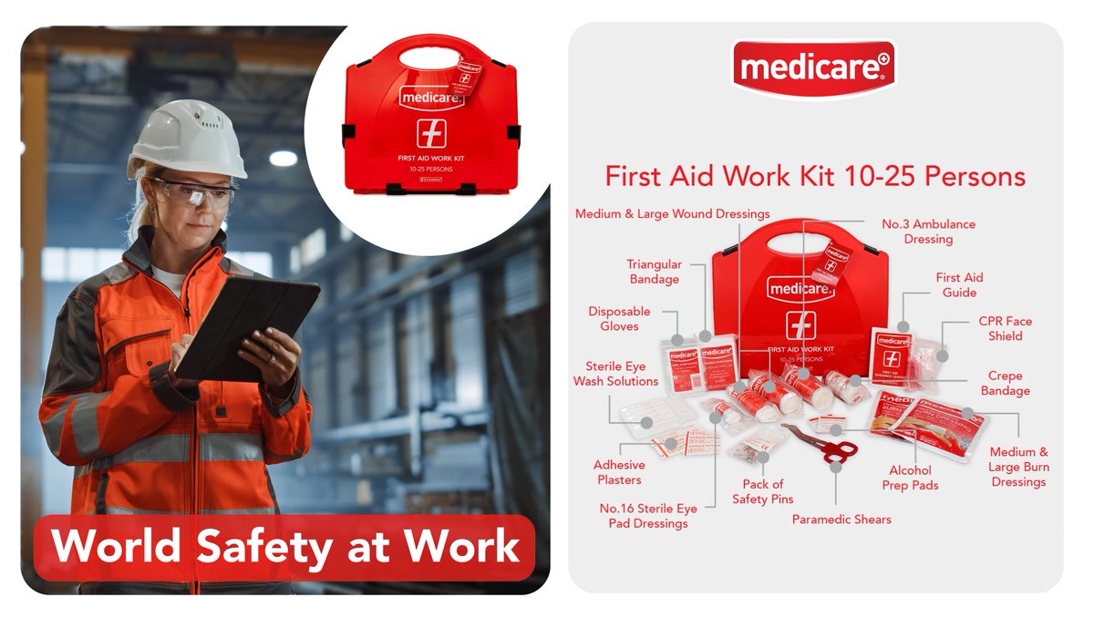 Medicare1stAid's tweet photo. Today is World Day for Safety &amp; Health at Work and the importance of being safe at work cannot be stressed enough. 

Medicare Work Kits have everything from sterile eyewash to ambulance dressings to account for workplace injuries.

Learn more: https://t.co/12qfcU1Xg6
#SHWDay https://t.co/ZgmjAAm9Bq