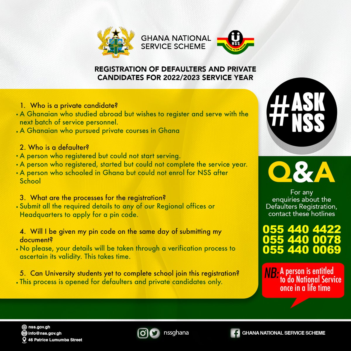 _nsagh's tweet photo. Q&A
Registration of Defaulters and Private Candidates.
#AskNSS
#Defaultersregistration2022/23
#RegisterNow!! https://t.co/AFtqEeCKkK