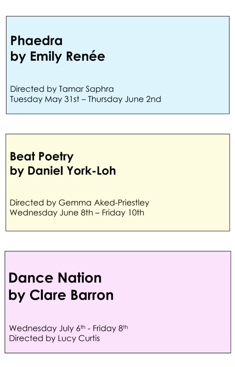 🚨🚨Our summer season has been announced! 🚨🚨The shows will be held at the <a href="/OmnibusTheatre/">Omnibus Theatre</a>! Kicking it off is PHAEDRA May 31st-June 2nd. Then BEAT POETRY June 8th-10th and finished by DANCE NATION July 6th-8th. Industry please email ALRAGrads2022@gmail.com too book in!!