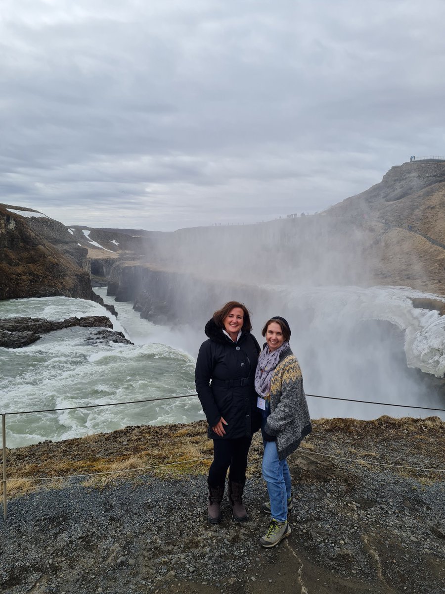 thesparklyshell's tweet image. Just two #AlumniAwardRecipients hanging out at #GullfossWaterfall. ⁦@IcelandWriters⁩ #IWR2022