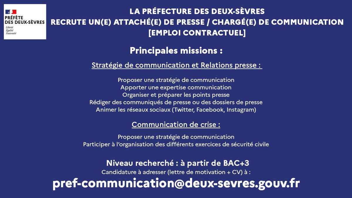 #Recrutement | La préfecture des Deux-Sèvres recrute un(e) attaché(e) de presse / chargé(e) de communication rattaché(e) au bureau de la communication. 

Précisions ⤵️