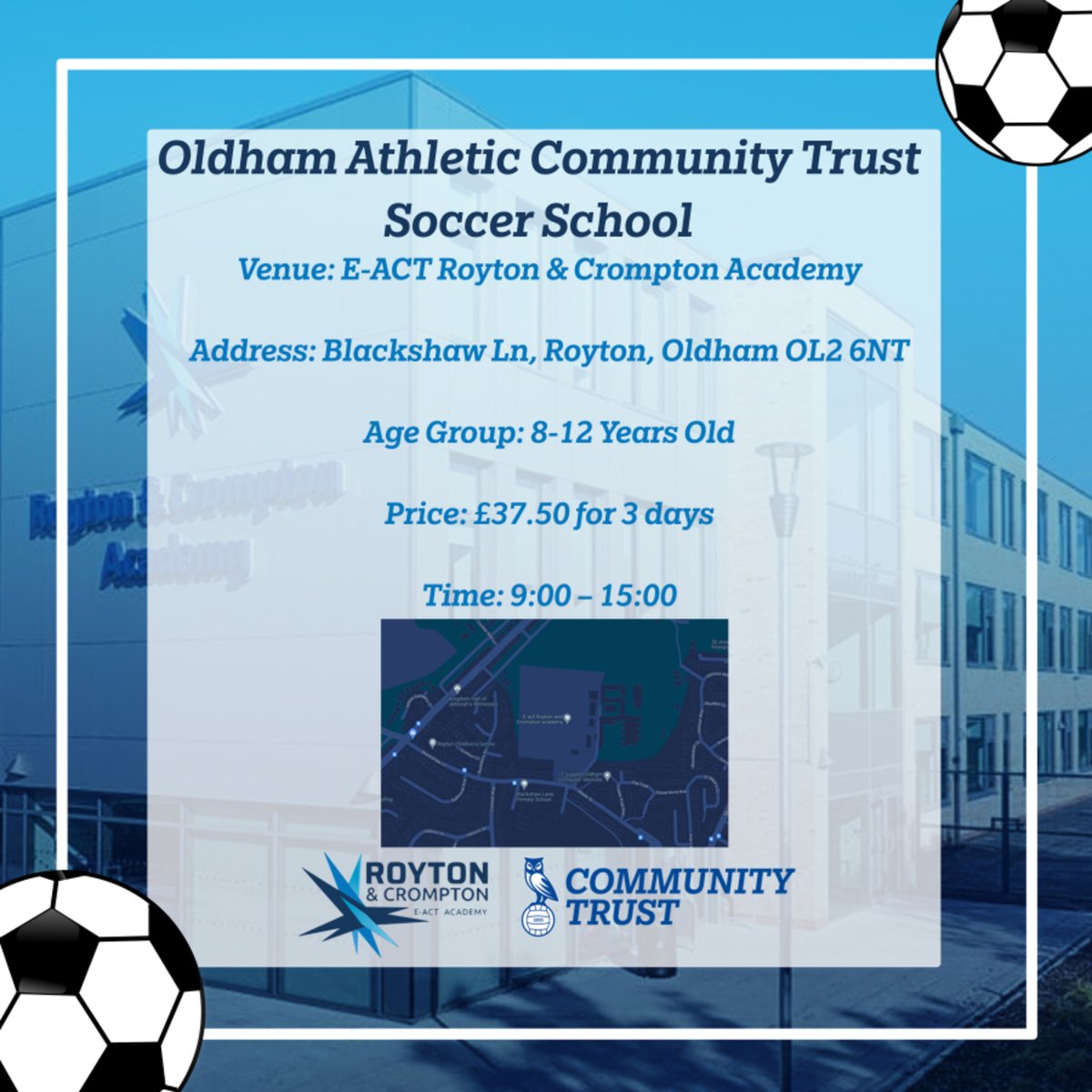 OfficialOACT's tweet photo. ⚽MAY HALF TERM SOCCER SCHOOL!⚽

We are delighted to announce our BRAND NEW soccer school based at @RoytonCrompton for this May Half Term! 

Click here to read more and sign up today!💻https://t.co/DRHCNDcI2h

#OACT | #OAFC https://t.co/PCbKBAKxs3