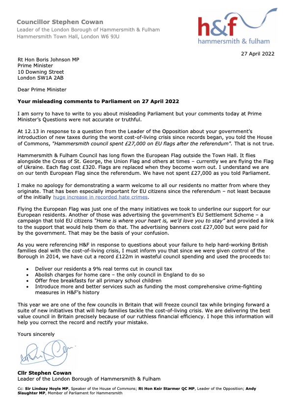 Yesterday @Keir_Starmer asked @BorisJohnson not to add new taxes on hard working Britons during the worst cost-of-living crisis since records began. The PM replied with an untruth about @HFLabour @LBHF as #BBC reported here: bbc.co.uk/news/uk-englan… and my letter details.