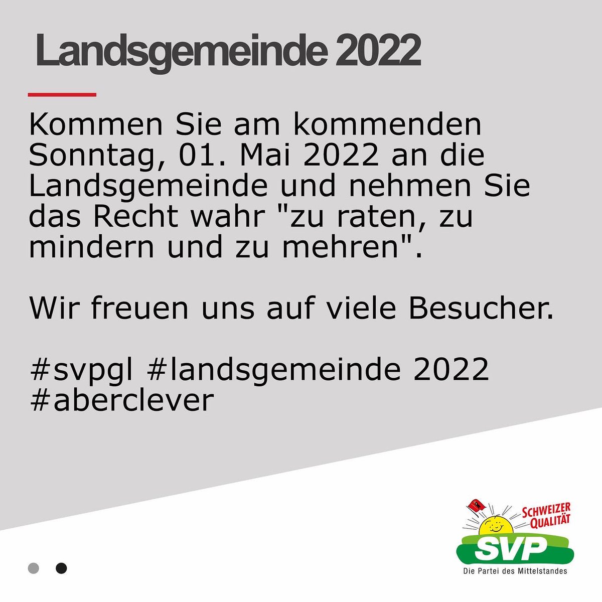 Kommen Sie am kommenden Sonntag 01.05.2022 an die Landsgemeinde. Es gibt kein schlechtes Wetter, nur schlechte Kleidung. #svpgl #landsgemeinde2022 #aberclever
