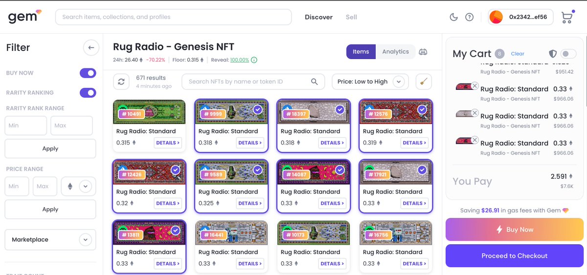 I just swept the <a href="/RugRadio/">Rug Radio</a> - Genesis NFT floor with <a href="/gemxyz/">Gem.xyz is now OpenSea Pro</a> 💎🧹 <a href="/farokh/">Farokh (Perma/Bull)</a> 
🛒 Bought: 8 items for 2.5917 ETH
💰 Gas savings: $27.00