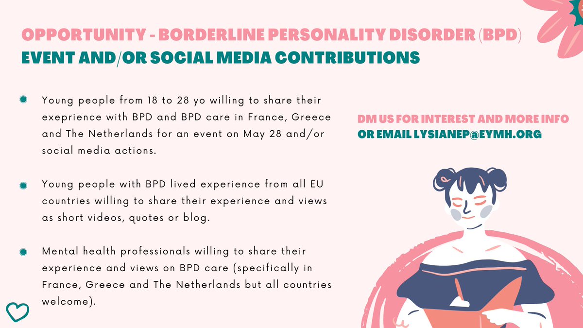🚨 OPPORTUNITY - Want to share your #experience and views on #borderlinepersonalitydisorder care in #Europe? We want to get your voice heard! Join us for an event and social media actions to bring light on #bpd in May!
📩Check below some calls for action and DM us for more