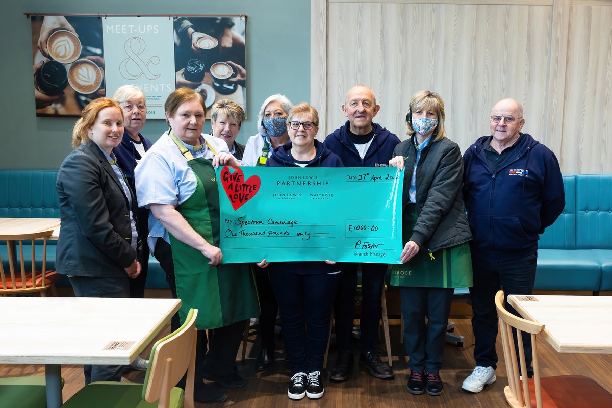 SpectrumCIO's tweet image. A massive thanks to @waitrose @JohnLewisRetail Newmarket for their support of our work with families of children with Autism, additional needs and disabilities, with this incredible £1000 donation! #community #wellbeing