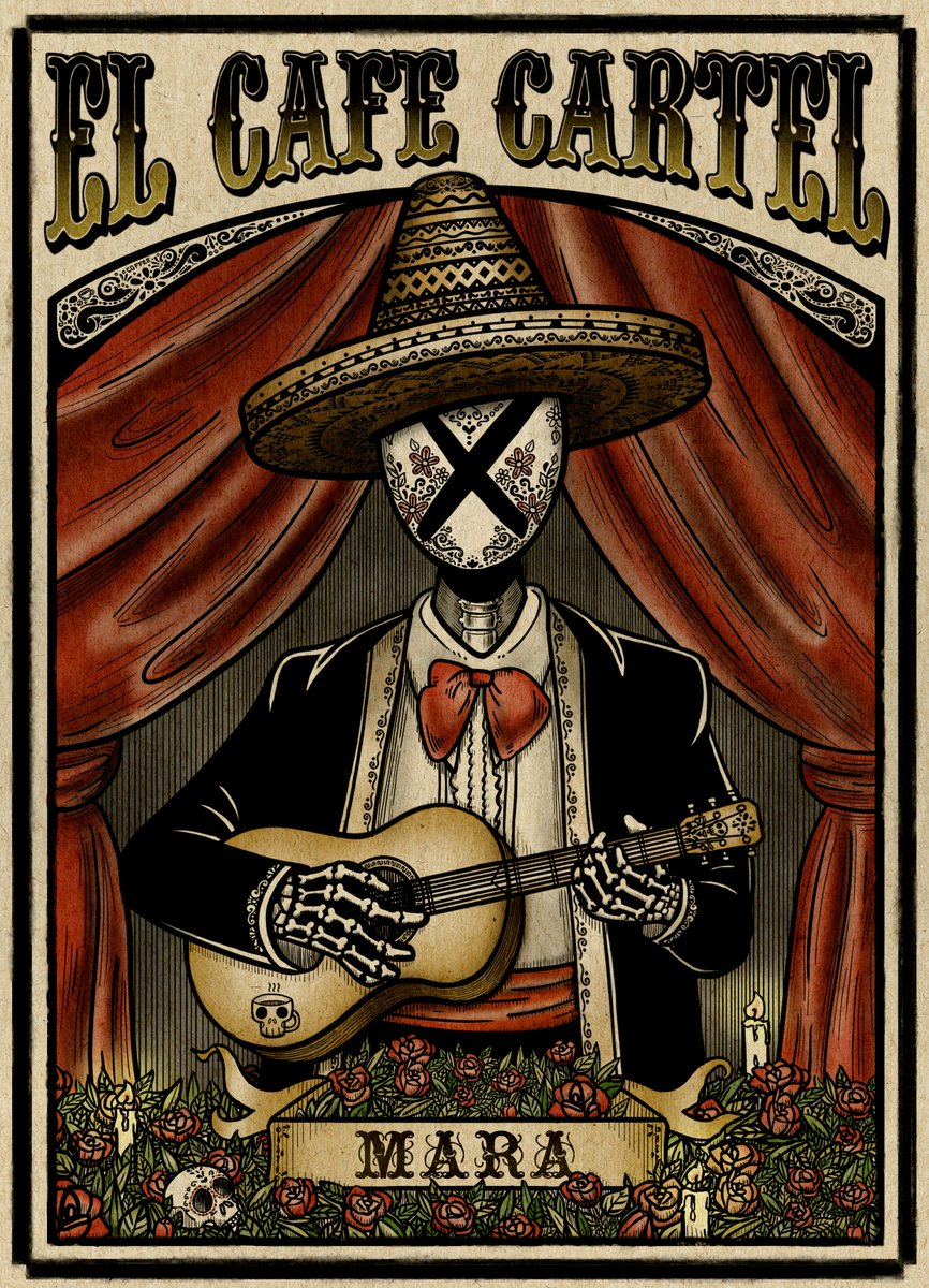 Hand drawing vintage Mara x Cartel poster. Both of Blueship NFT on #NEARProtocol <a href="/ElCafeCartel/">El Cafe Cartel</a> @MaraNFT_DAO 

Same mud, same blood ☕️🌴💀
#ElCafeCartel #NEARNFTs #NEAR