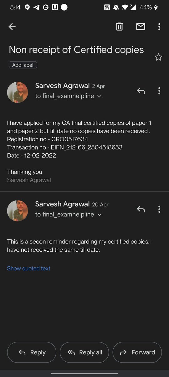ca_who_write's tweet photo. I have applied for my certified copies of CA final in FEB'22 and till date I have not received the same and the  support team never  answer the emails and calls.I feel I will get my copies after MAY '22 exams. #icaiexam #ICAI @theicai @drdebashismitra @neerajarora91 @CaRANJEET https://t.co/G9it1EEKrp
