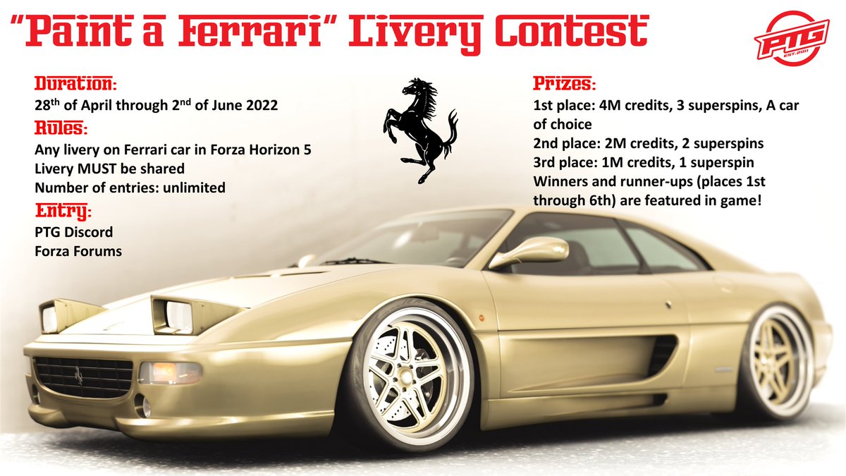 FORZA FERRARI!

With the influx of Prancing Horses coming to #FH5, We've got a new livery contest for you to take part in!!

Any livery, on any Ferrari!

Closing date: 2nd June 

Get your paint brushes out and show us what you've got!

#ForzaPaintbooth