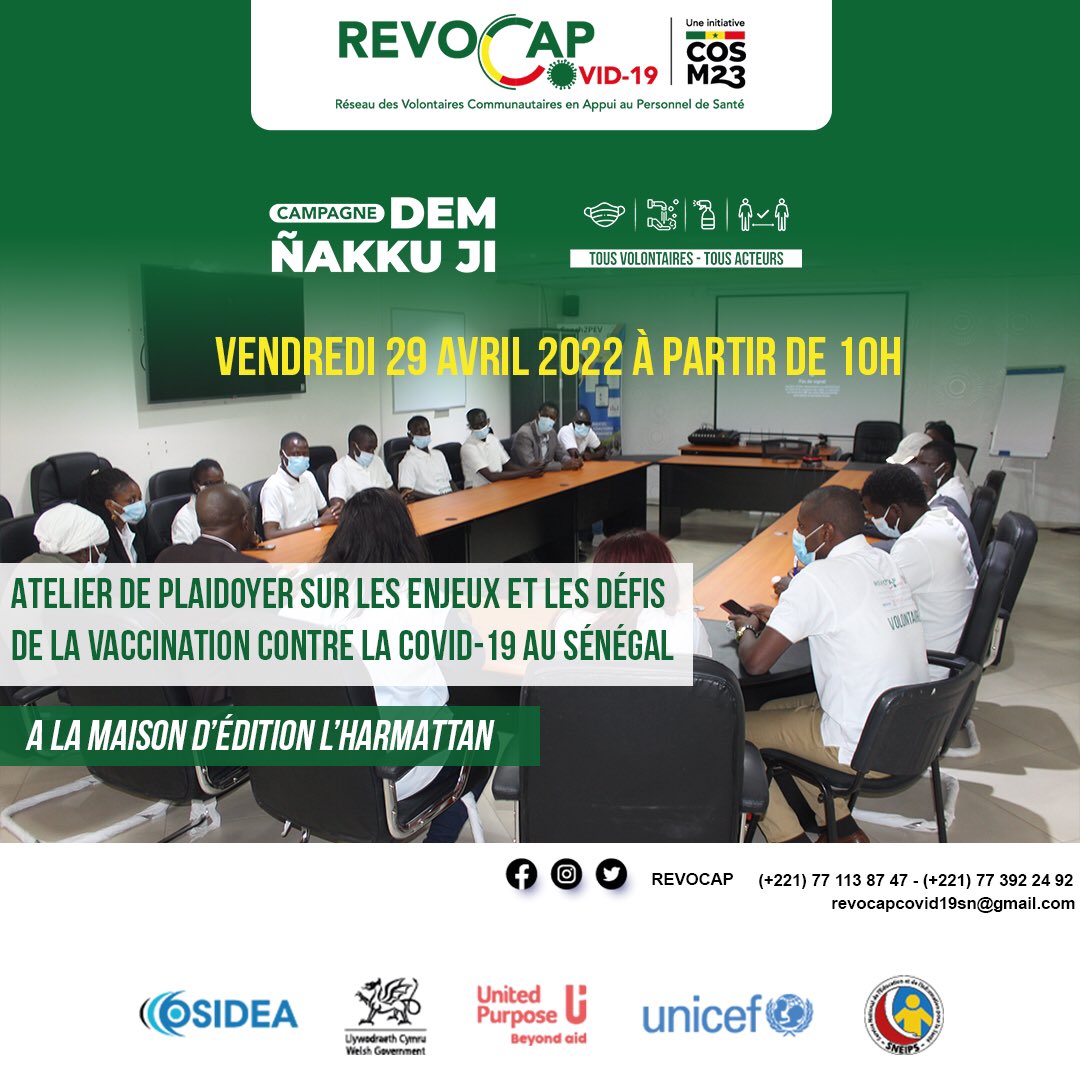 REVOCAP's tweet photo. 🔸Le REVOCAP, et ses partenaires vous convient à « l'Atelier de plaidoyer sur les enjeux et les défis de la vaccination contre la Covid-19 au Sénégal » 💉 🦠
qu'il organise ce Vendredi 29 Avril 2022 à partir de 10h 🕙 👇🏾
#demñakkuji #fagarungirmucc #AndXeexCorona #senegal https://t.co/x7BOsrMEIZ