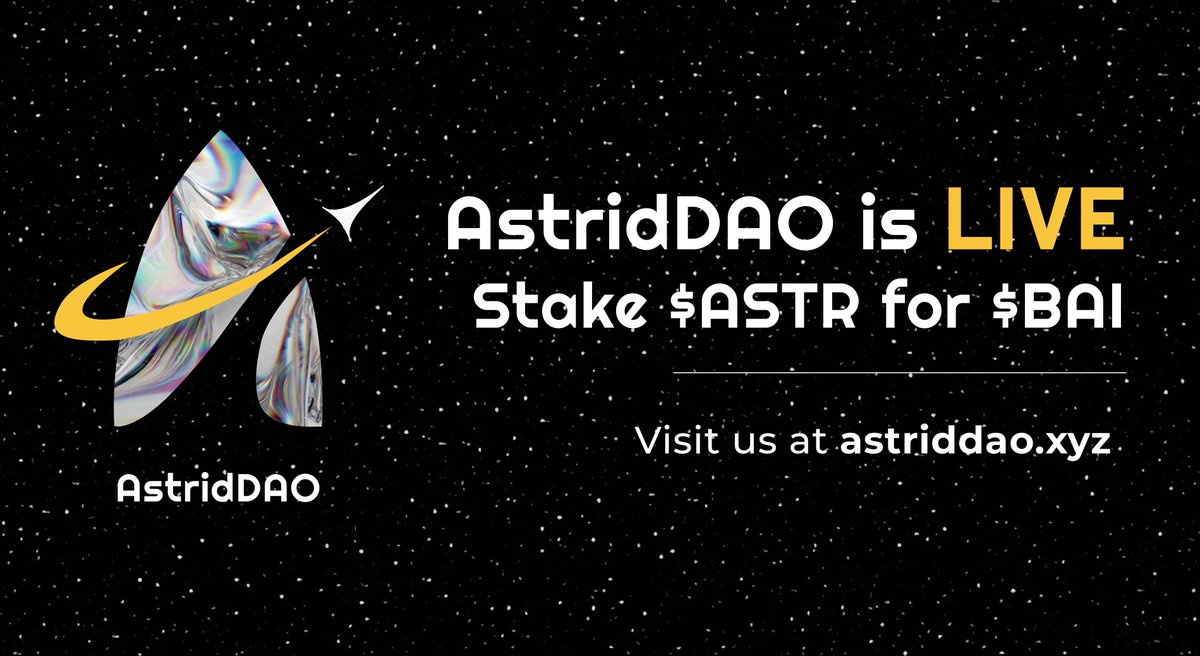 AstridDAO's tweet photo. AstridDAO is LIVE now!!! https://t.co/eBIINs332s

Stake $ASTR, generate $BAI, earn $ATID, and farm with $BAI on @arthswap @kagla_fi  @Sirius_Finance 🔥🔥🔥

AstridDAO User Guide for Starters: https://t.co/w8HBWbOSb5
Features, Roadmap and Tokenomics: https://t.co/JDwgDM4Ljy https://t.co/B8ie2PIesP