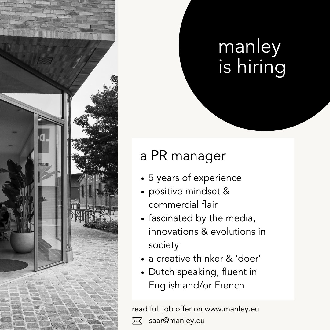 manley (@manley_pr) on Twitter photo manley is growing! 🚀
Are you, or do you know, our new colleague?
Check out the full vacancy here: lnkd.in/etx-NhQi
We can’t wait to hear from you! 🤩
And sharing is caring ❤️
✉️saar@manley.eu
#publicrelations #boutiqueagency #antwerp #vacancy #hiring #PRmanager manley is growing! 🚀
Are you, or do you know, our new colleague?
Check out the full vacancy here: lnkd.in/etx-NhQi
We can’t wait to hear from you! 🤩
And sharing is caring ❤️
✉️saar@manley.eu
#publicrelations #boutiqueagency #antwerp #vacancy #hiring #PRmanager