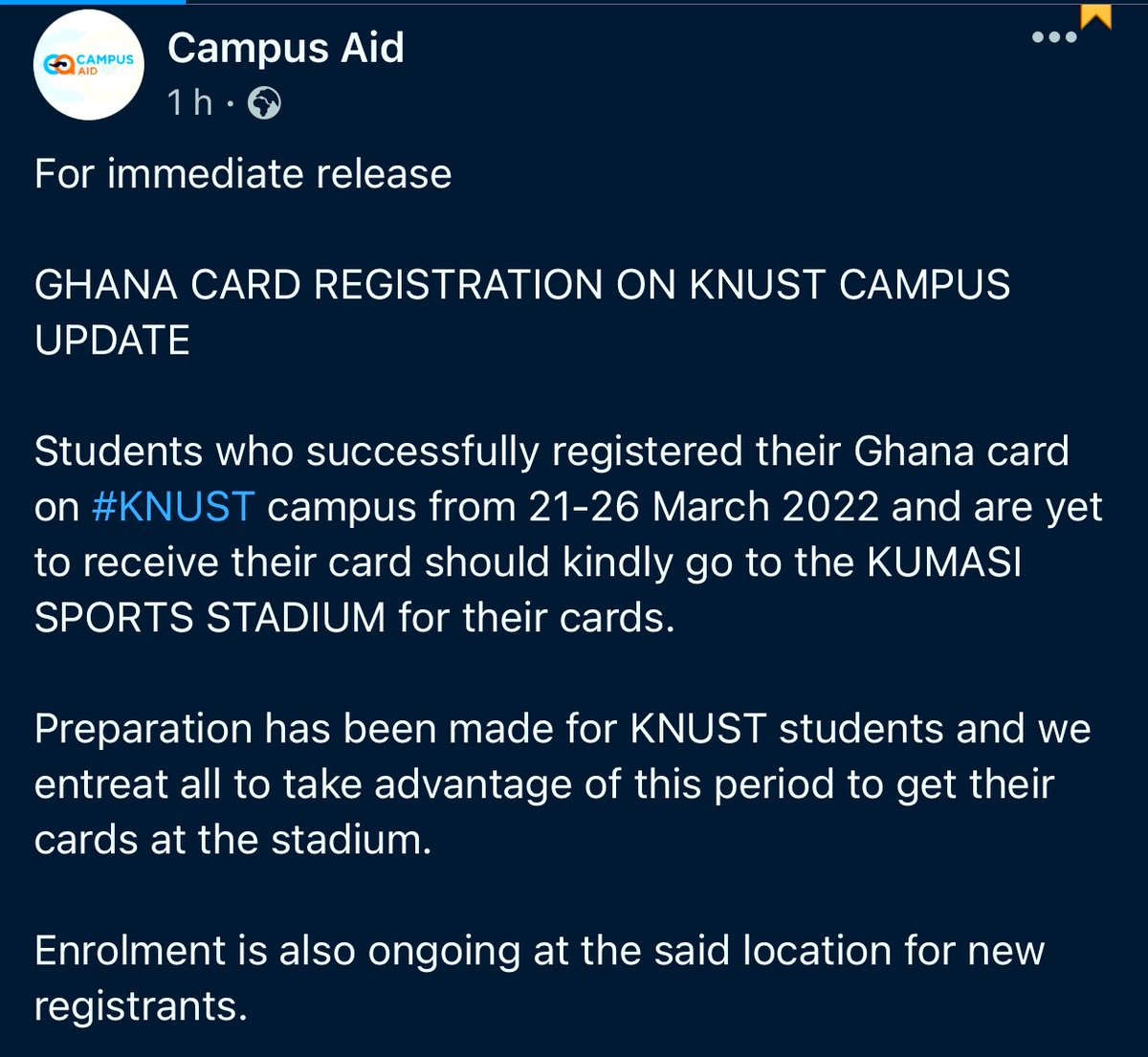 CampusAid's tweet photo. #KNUST GHANA CARD REGISTRATION UPDATE https://t.co/xX0KJsUcz2
