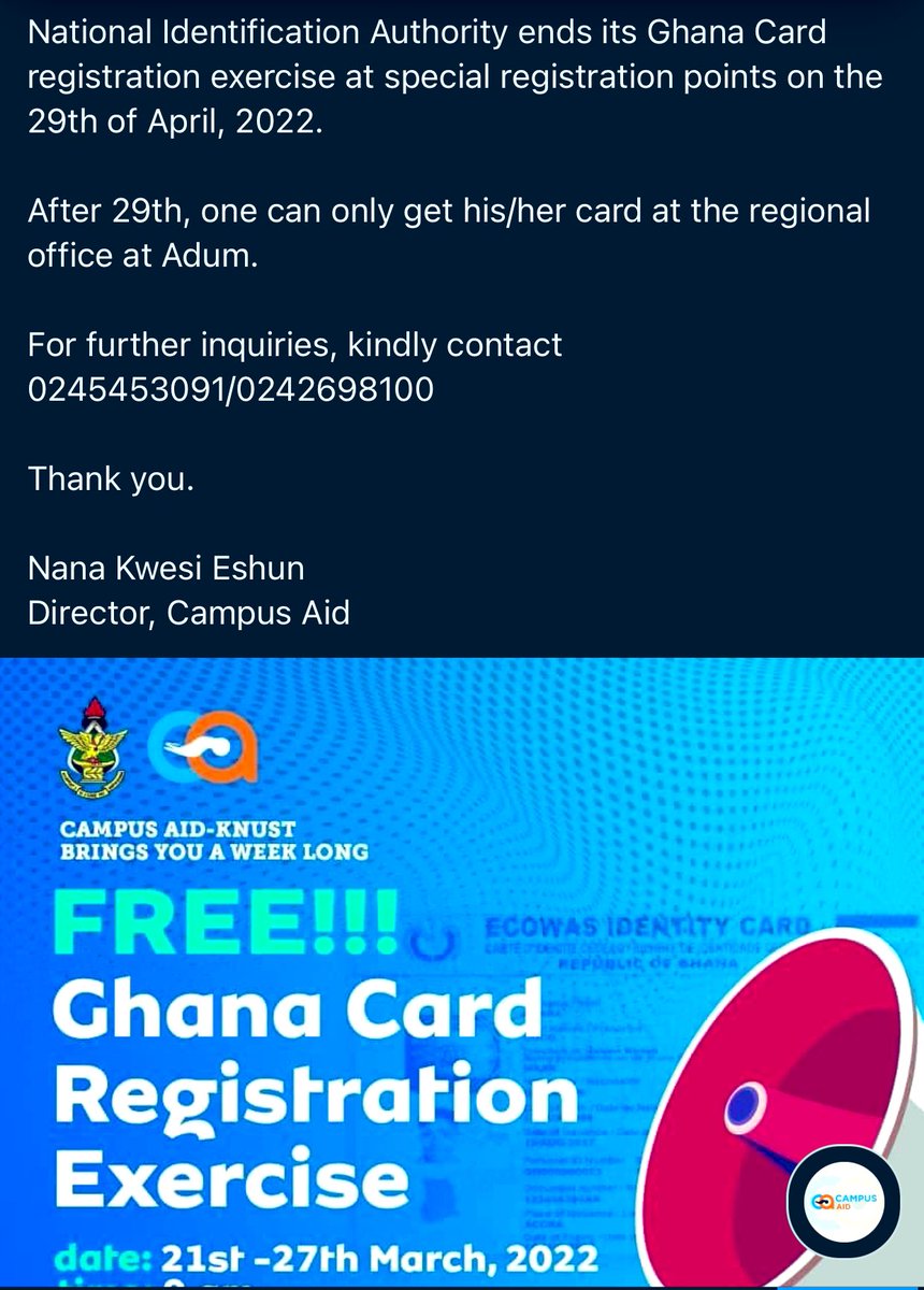 CampusAid's tweet photo. #KNUST GHANA CARD REGISTRATION UPDATE https://t.co/xX0KJsUcz2