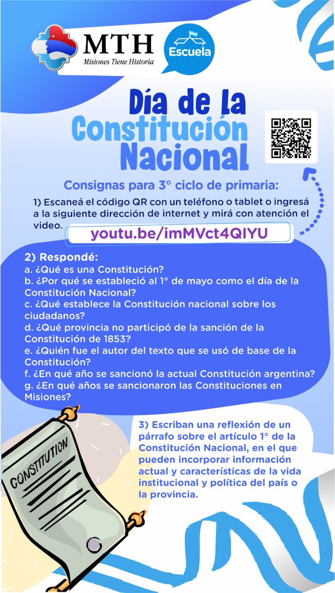 CGEMisiones's tweet photo. 📃El 1° de mayo celebramos en la Argentina el Día de la Constitución Nacional en conmemoración de su sanción en 1853 en Santa Fe. Compartimos material didáctico con actividades sugeridas elaboradas por Misiones Tiene Historia.
👇
https://t.co/IgFwLydyQz

https://t.co/BJtsxPCCPx https://t.co/7Usf7LBe6B