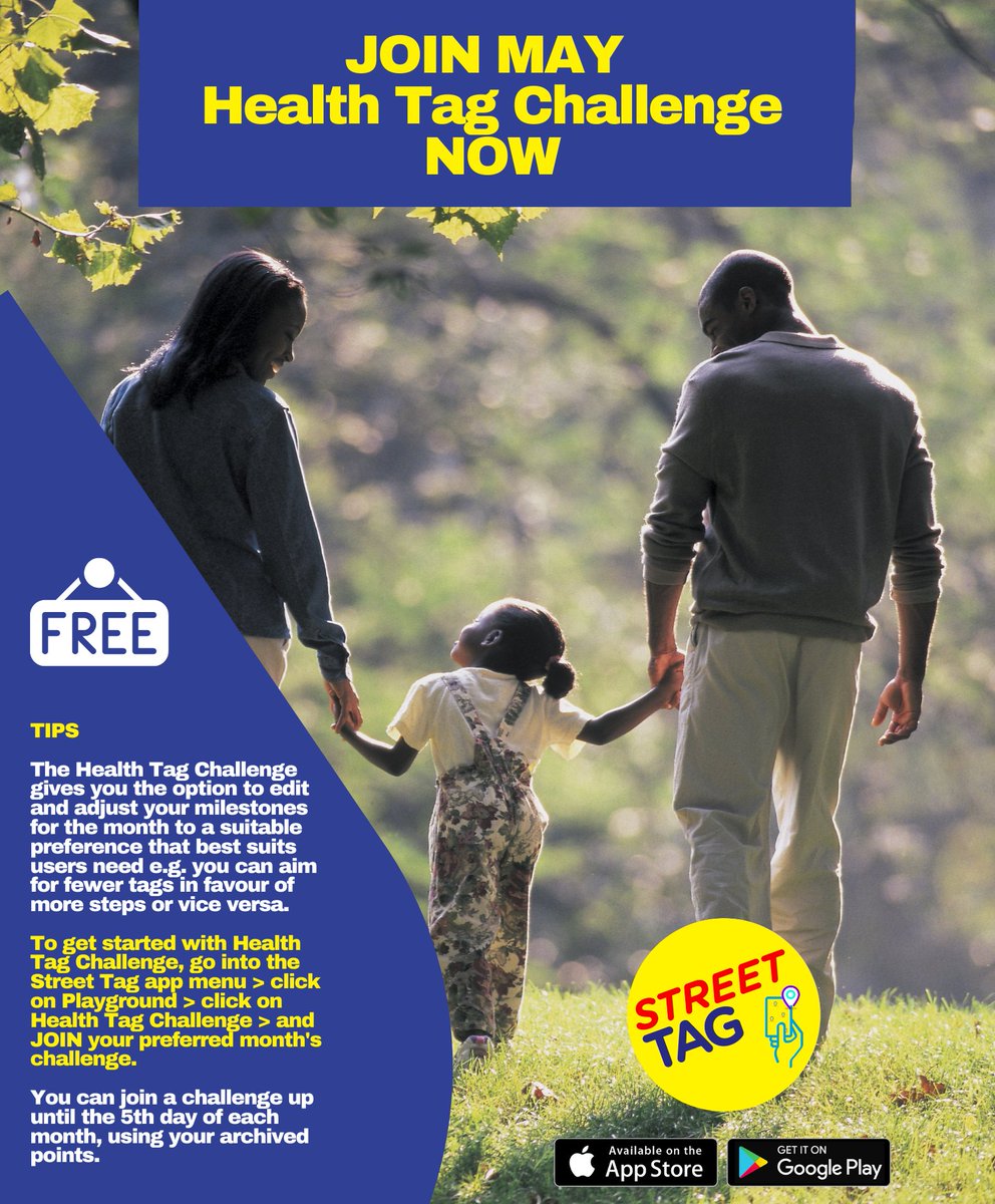 Did you miss out on the April Health Tag Challenge?
Well, Here's another opportunity to join the next one.
To get started with May Health Tag Challenge, go into the Street Tag app menu &gt; Click on Health Tag Challenge &gt; and JOIN May Challenge.
#streettaghq #HTC #healthtagchallenge