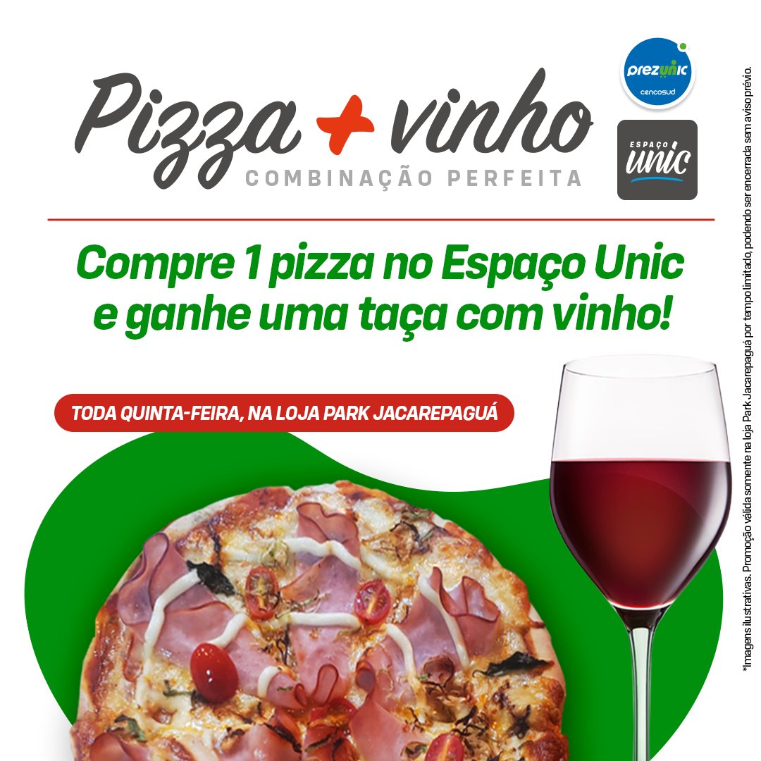 PrezunicOficial's tweet photo. Eu ouvi pizza com vinho? O Prezunic Park Jacarepaguá quer fazer um brinde com você.
Toda quinta-feira, na compra de uma pizza no Espaço Unic você ganha uma taça com vinho para acompanhar. Vem apreciar a mais nova loja do Rio! 🍕 🍷

#EspaçoUnic #Prezunic #Vinho #Pizza https://t.co/bDb7cCjLvw