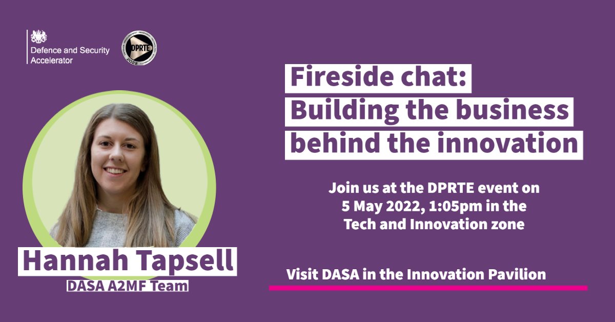 DASAccelerator's tweet image. One week to go to #DPRTE - a great networking opportunity with the defence procurement community.

Hannah Tapsell from DASA’s A2MF team is hosting a fireside chat: ‘Building the business behind the innovation’. Don’t miss it!

Book your place now! ow.ly/gCls50ITwYT

@DPRTE