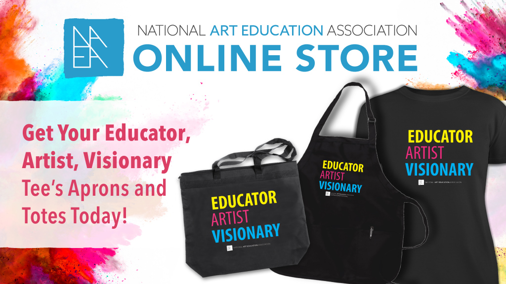 NAEA's tweet photo. Created For Art Educators, By Art Educators! Let your community know that you are all three—Educator, Artist, and Visionary! Share this message when you sport the cotton tee, full-length adjustable apron, or oversized tote. Find them in the online store: https://t.co/qmySe5yYoX https://t.co/3pzXGb7c82