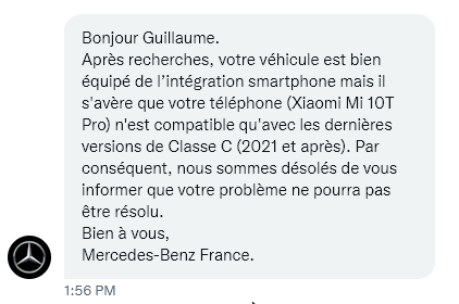 GuillaumeVelo's tweet photo. Putain, envie de me pendre. Comme mon tel est de 2020 et ma voiture de 2019, pas compatible avec l'Android Auto de ma voiture. Faut donc un téléphone d'avant 2019 (qu'on ne trouve plus en vente) pour que ça marche, apparemment, pas de mise à jour de suivi chez @MBFRANCE_ https://t.co/Ophi8VjWed