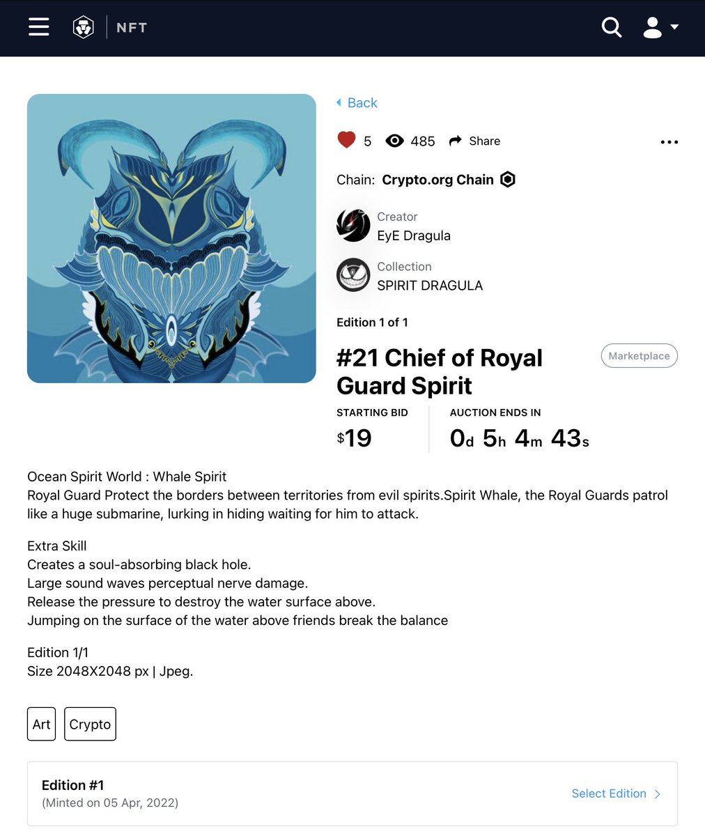 DragulaEye's tweet photo. Whale Spirit 🐋🐋🐋
#21 Chief of Royal Guard Spirit 

STARTING BID : $19 
AUCTION END : 5 Hours ⏰‼️

https://t.co/OyP4NaIgNl NFT! 👇
https://t.co/9kFhoTVESQ

@cryptocom  #NFT #NFTCollectors #nftart  #CRO    #crofam  #FFTB  #Cronos #LoadedLions #NFTTHAILAND https://t.co/giQAwIJZBG