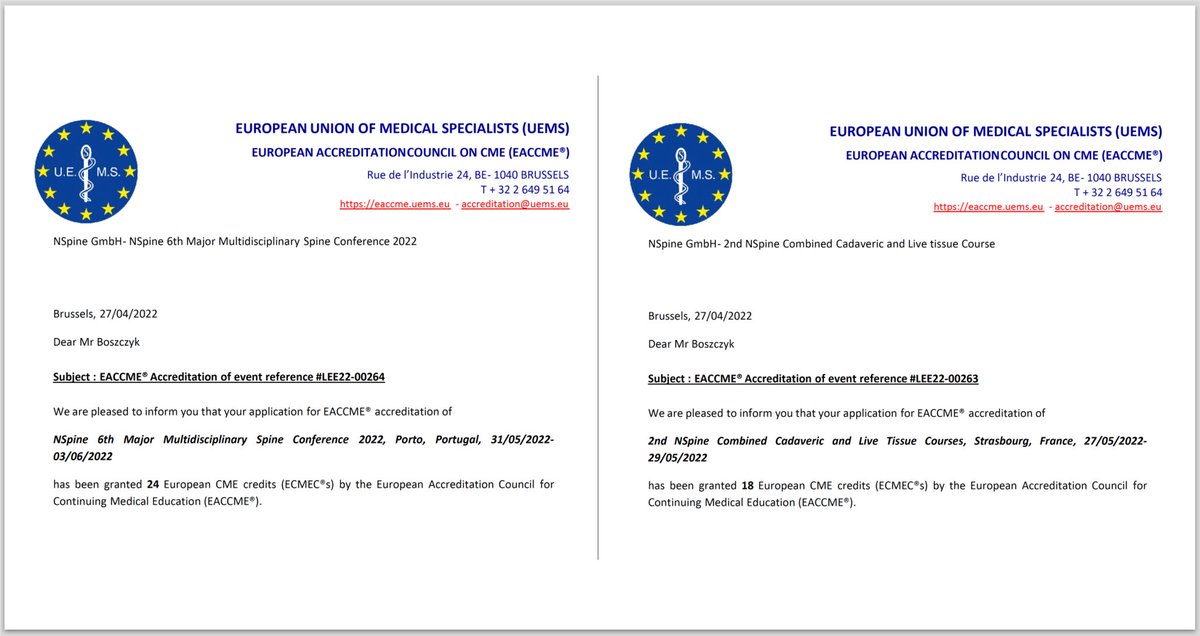 NSpine is delighted to have received UEMS CME accreditation:
24 European CME Credits for NSpine Porto 31st May - 3rd June
18 European CME Credits for the 2nd Combined Cadaveric and Live Tissue Courses 27th - 29th May

Booking is open:
buff.ly/3D4CUjV